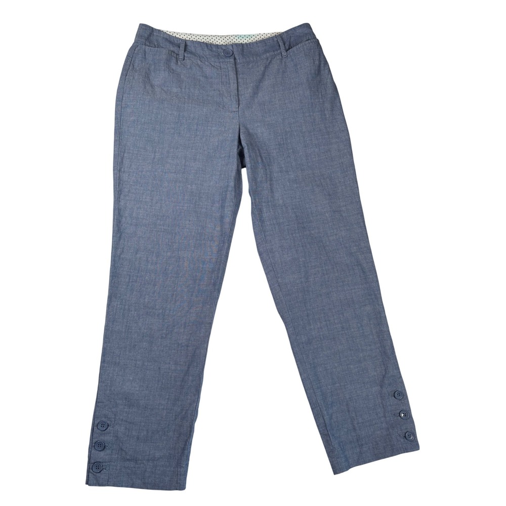 Talbots Perfect Crop Pants Womens 2 Blue Chambray Cotton Ankle Button Straight